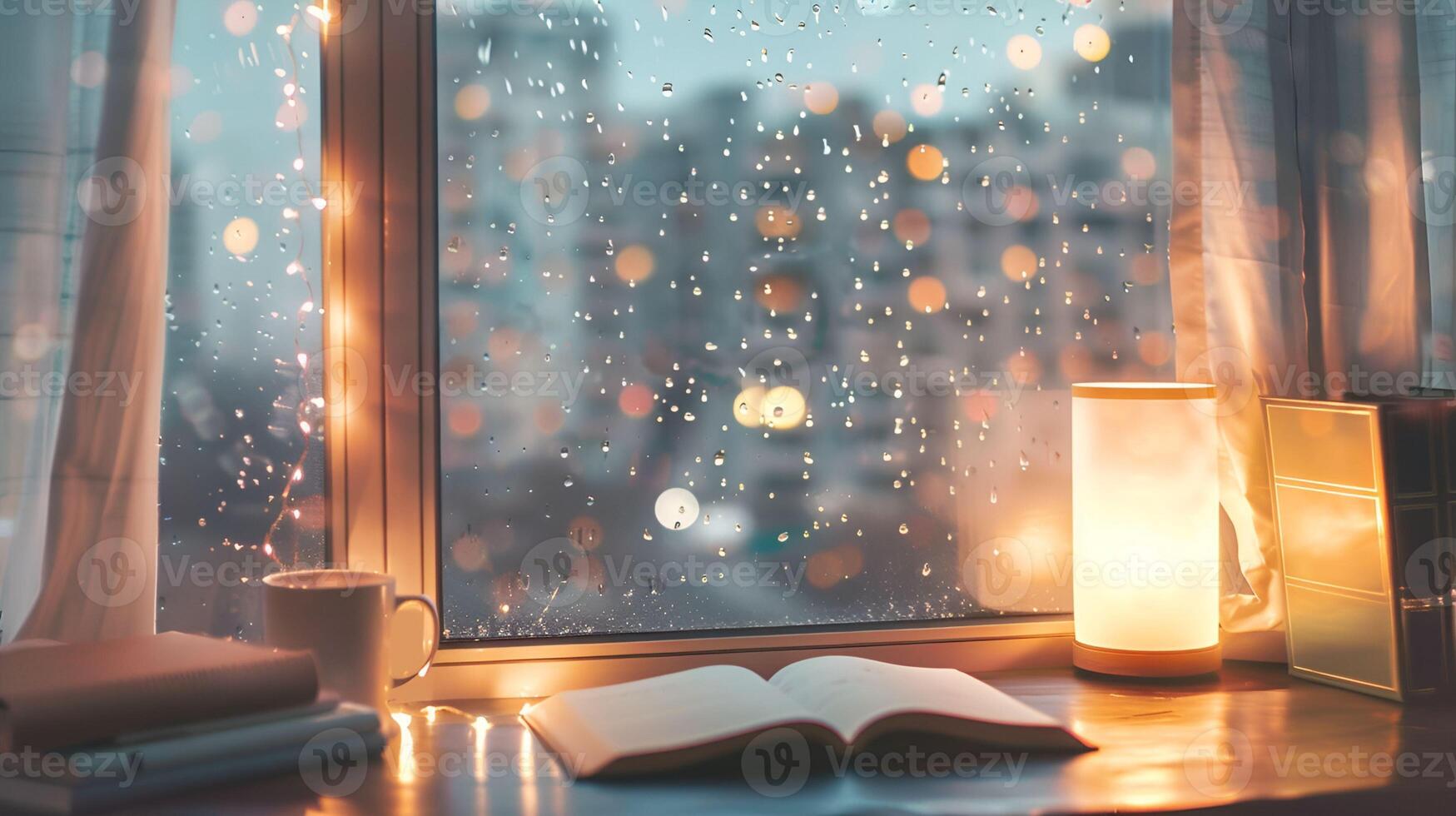 A book, coffee and a lamp are on a window sill in front of a rainy window photo