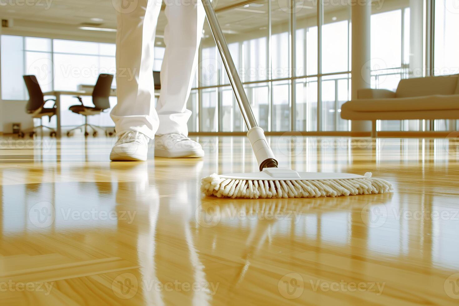 A person sweeping the floor with a broom photo