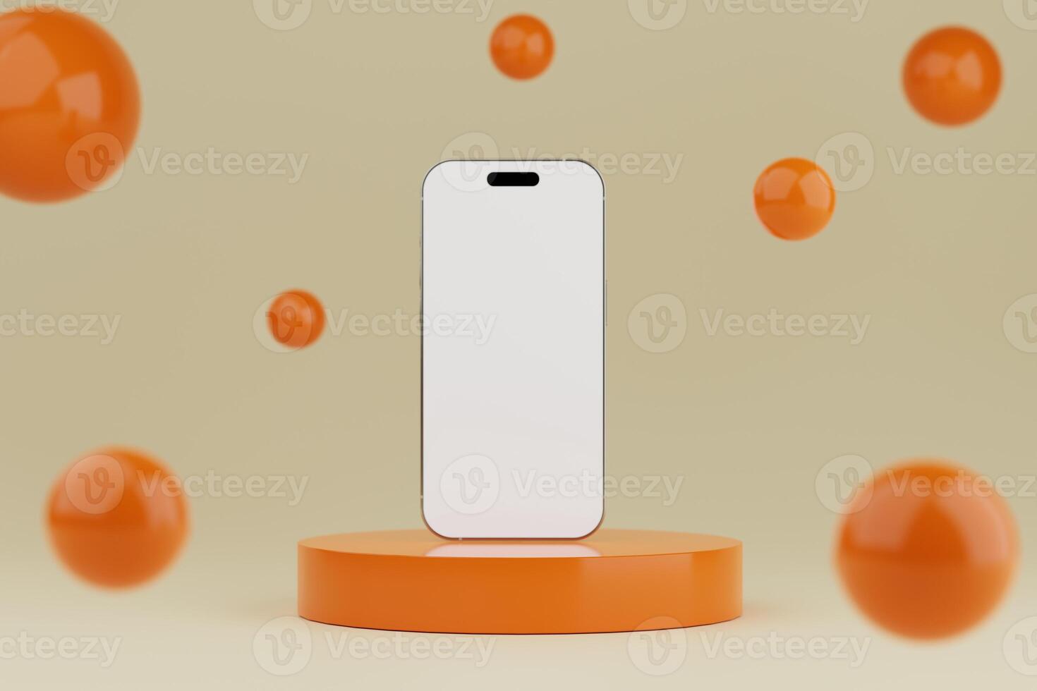 A smartphone standing on an orange pedestal with orange spheres floating around it, great for phone mockup photo