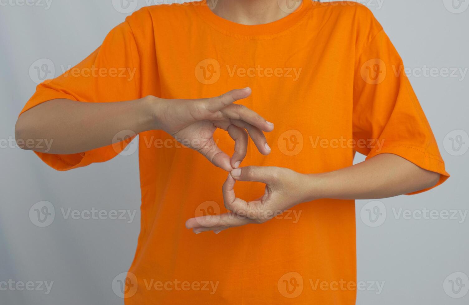 A person speaking with sign language on white background photo