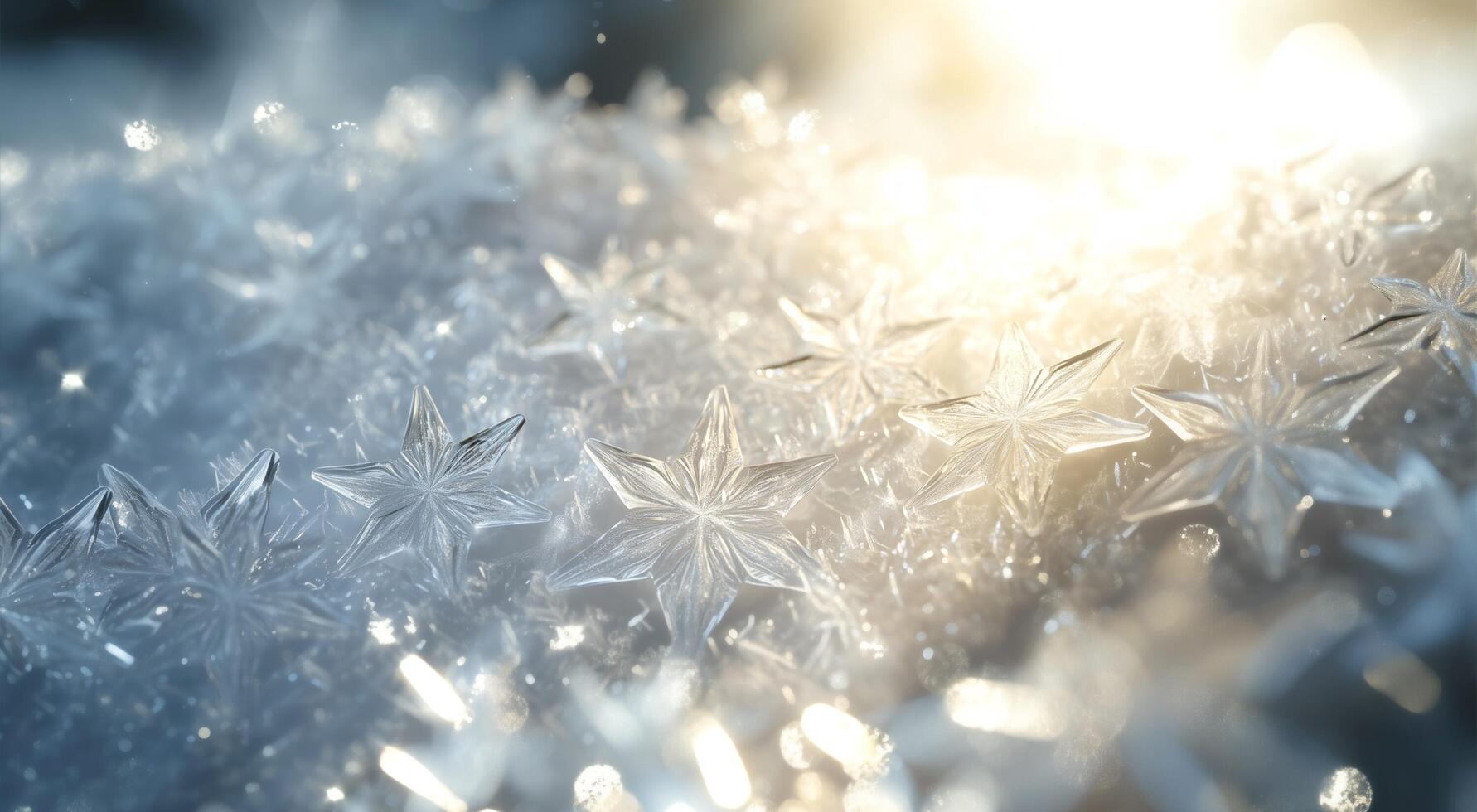 Magical winter background with ice stars and snowflakes, bokeh, fairy lights and sun rays photo
