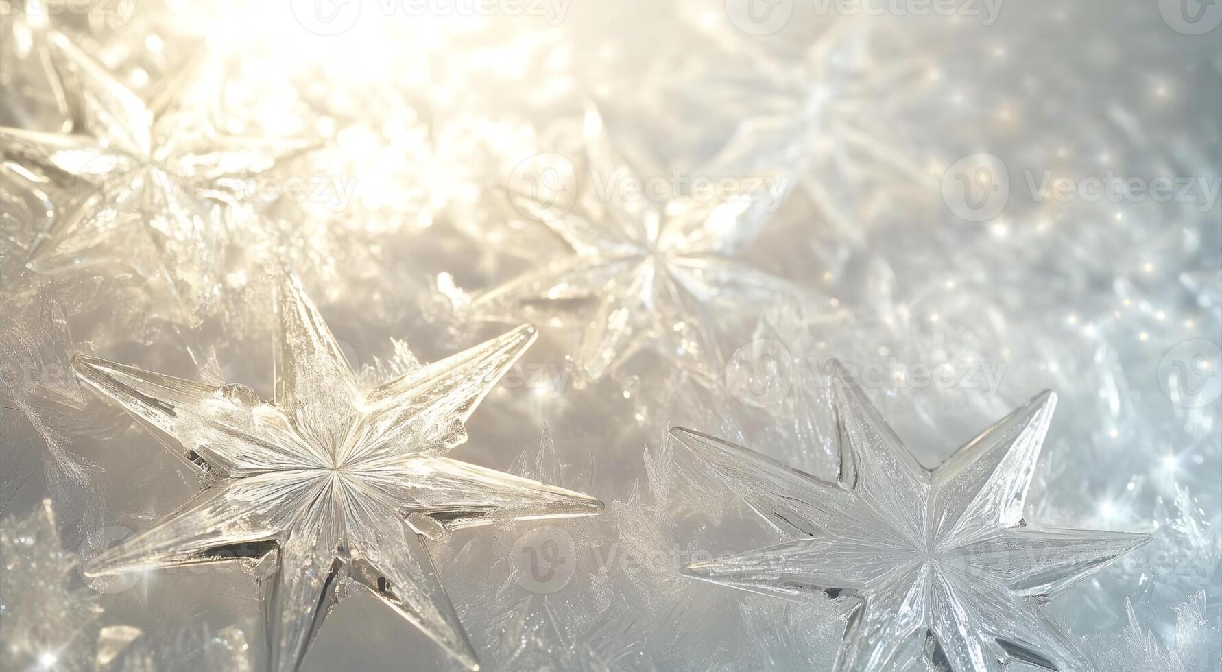 Magical winter background with ice stars and snowflakes, bokeh, fairy lights and sun ray. Natural hoar frost, Snowflakes close, Beautiful ice crystals photo