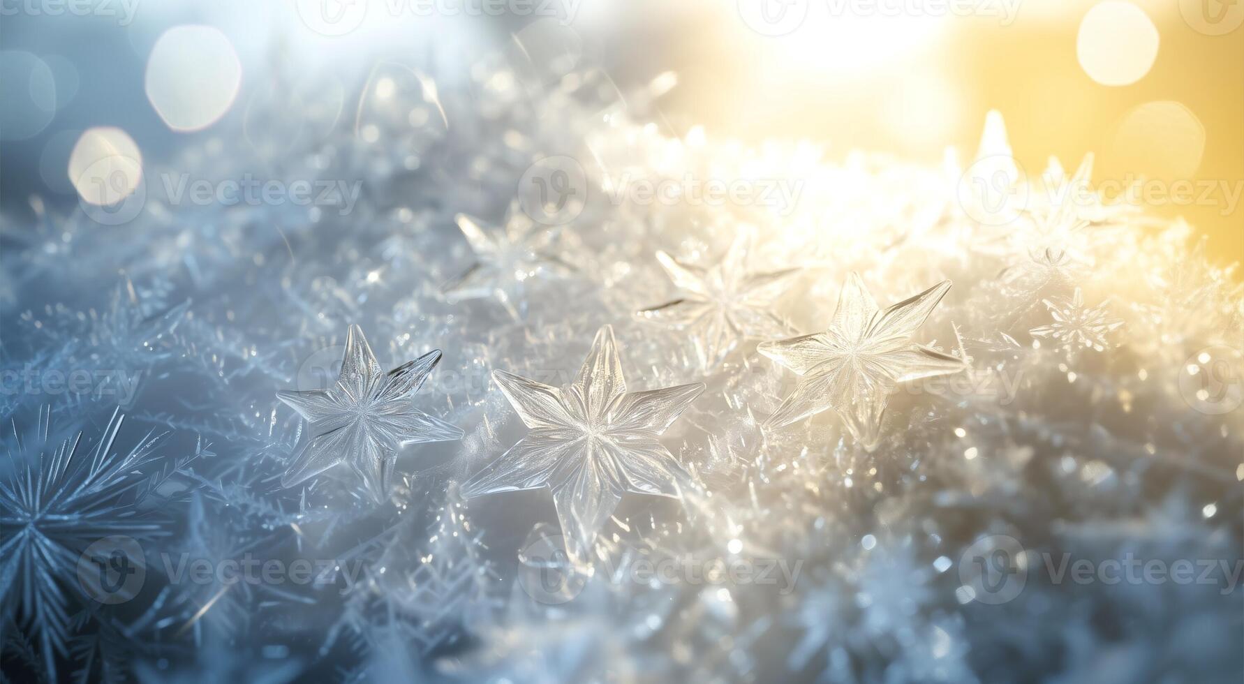 Magical winter background with ice stars and snowflakes, bokeh, fairy lights and sun ray. Natural hoar frost, Snowflakes close, Beautiful ice crystals photo