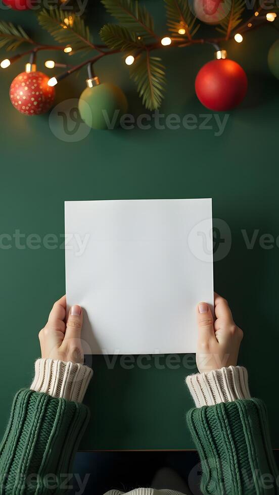 Holding a blank square card with Christmas ornaments and lights above photo