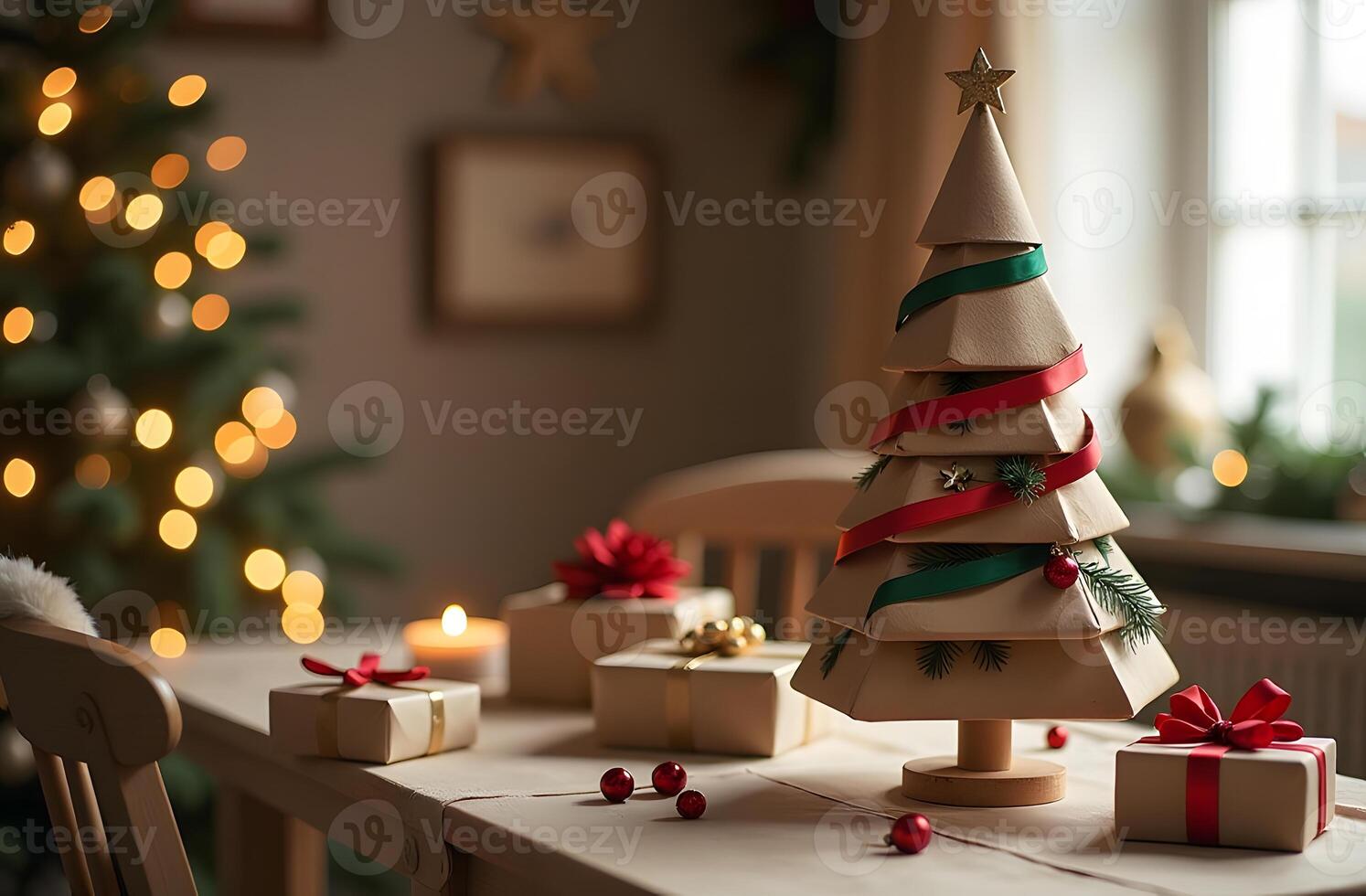 Handmade wooden Christmas tree with ribbon decorations and gift boxes on a table photo