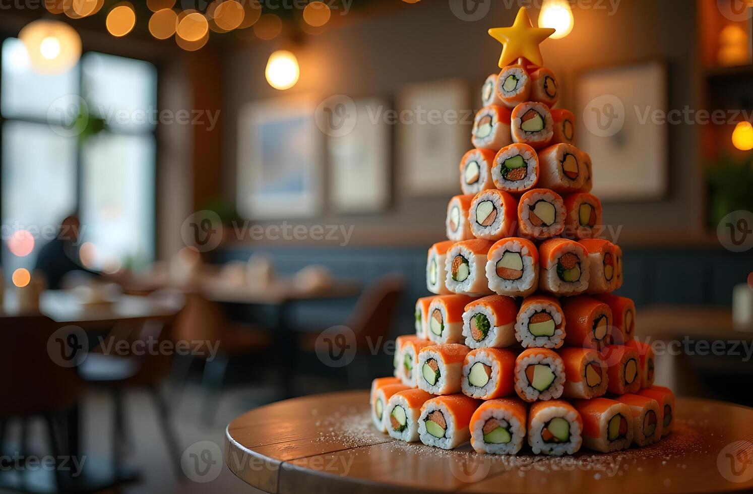 Sushi Christmas tree made of assorted rolls with a star topper in a cozy restaurant photo