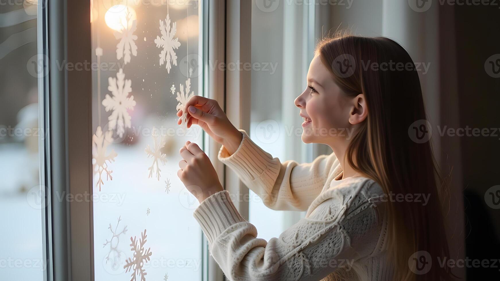 Girl decorating window with paper snowflakes on a winter day photo