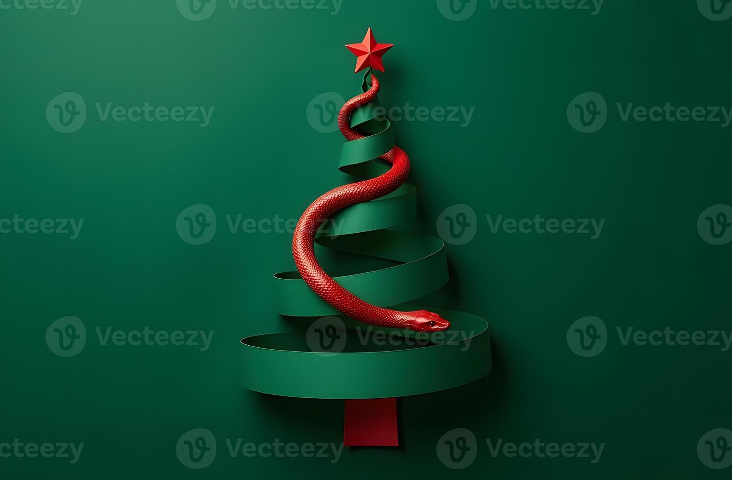 Abstract Christmas tree made of green paper with a red snake, symbolizing 2025 photo