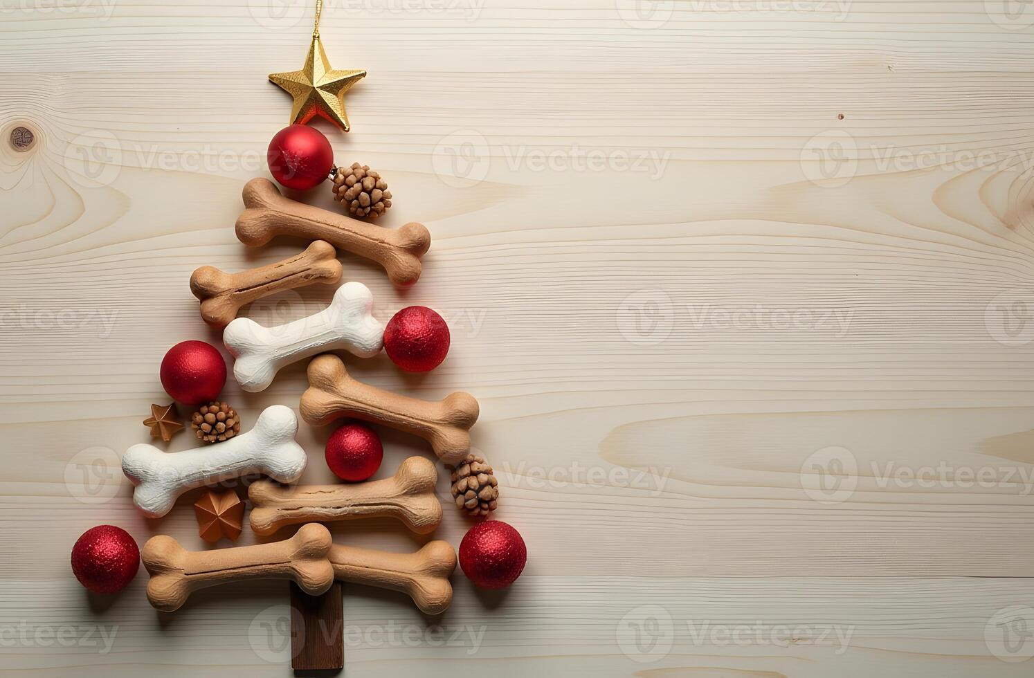 Christmas tree made of dog bones with festive ornaments and a star topper photo