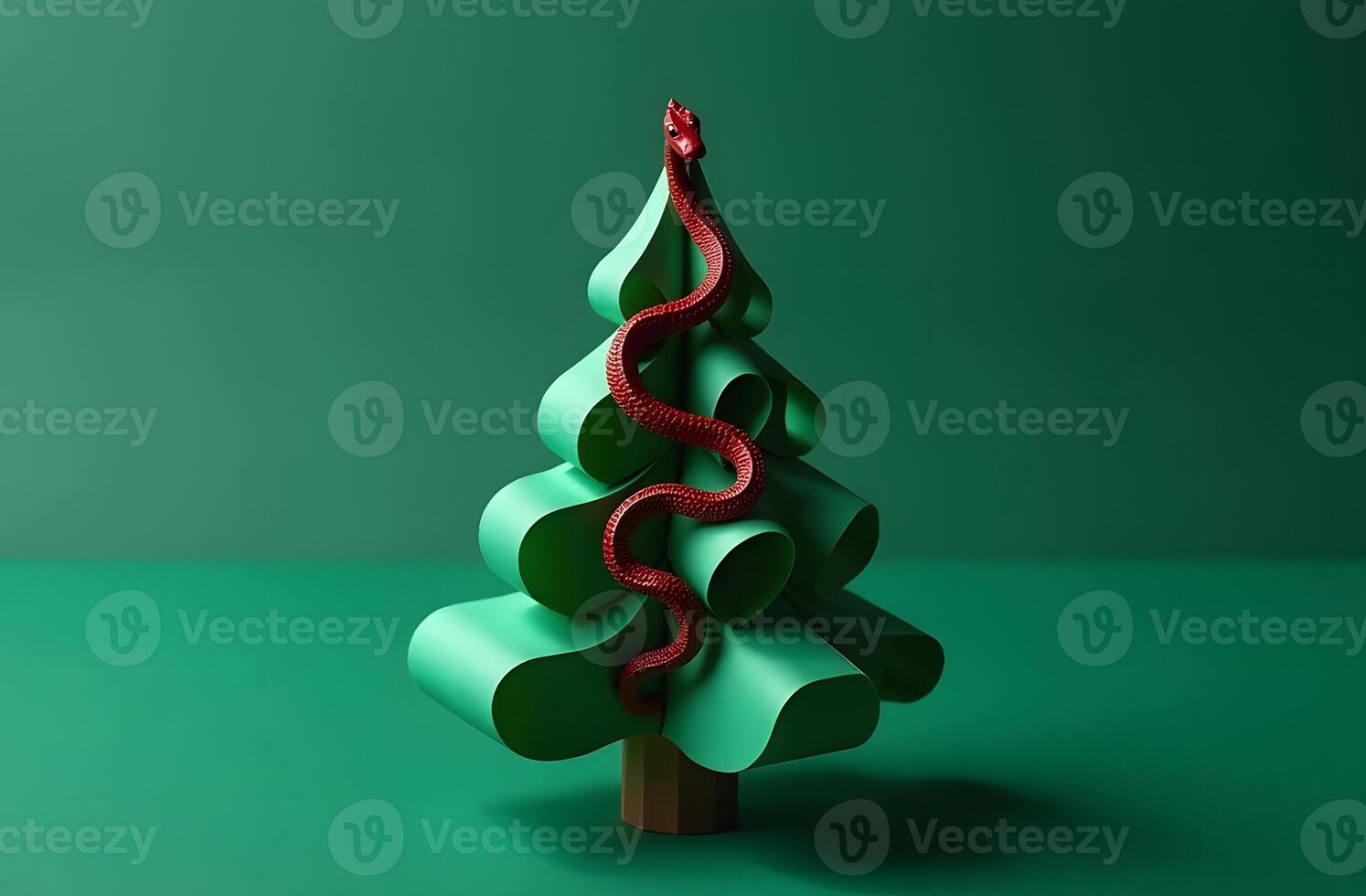 Abstract Christmas tree made of green paper with a red snake, symbolizing 2025 photo