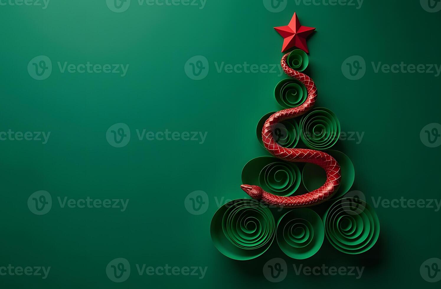 Abstract Christmas tree made of green paper with a red snake, symbolizing 2025 photo