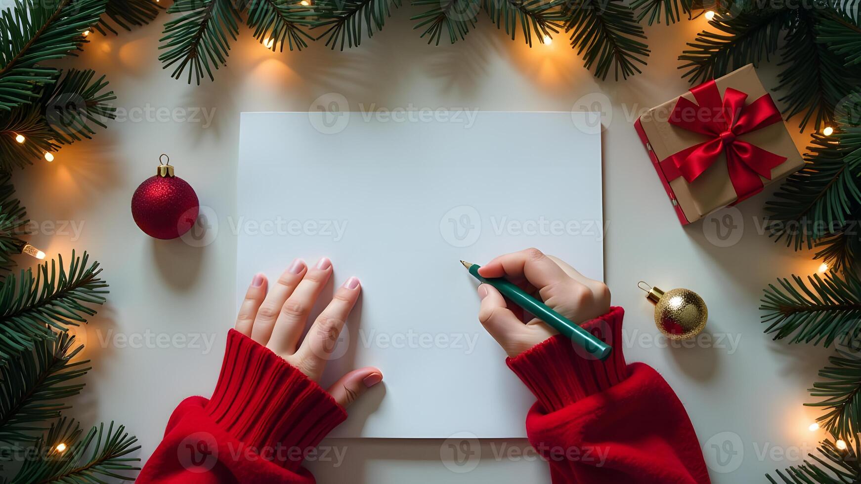 Writing a holiday letter on white paper surrounded by Christmas decor photo