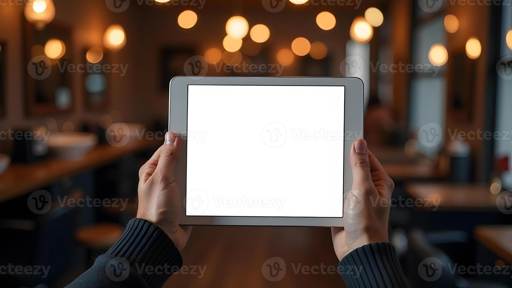 Hands holding tablet with blank screen in cozy Christmas-themed environment photo