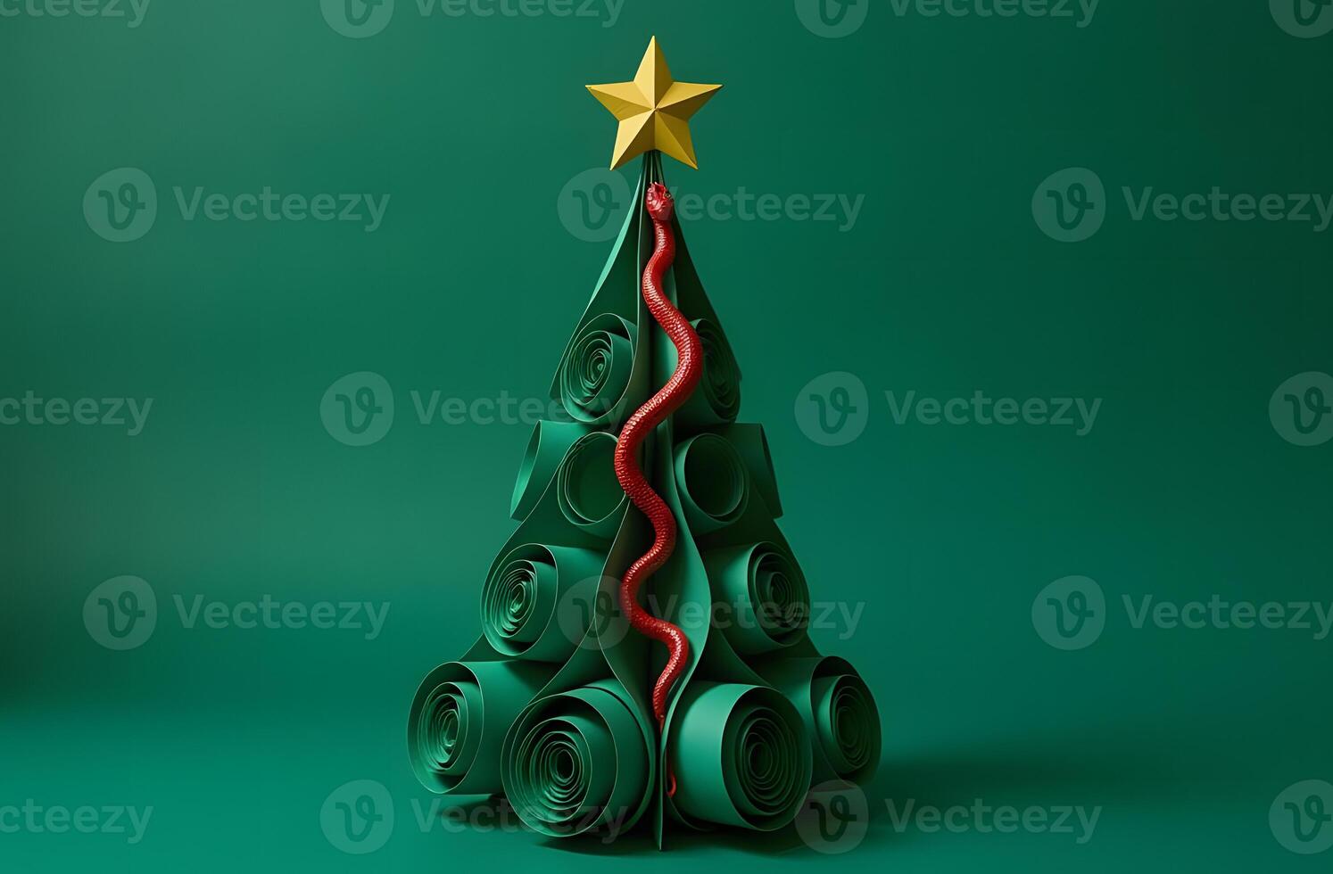 Abstract Christmas tree made of green paper with a red snake, symbolizing 2025 photo