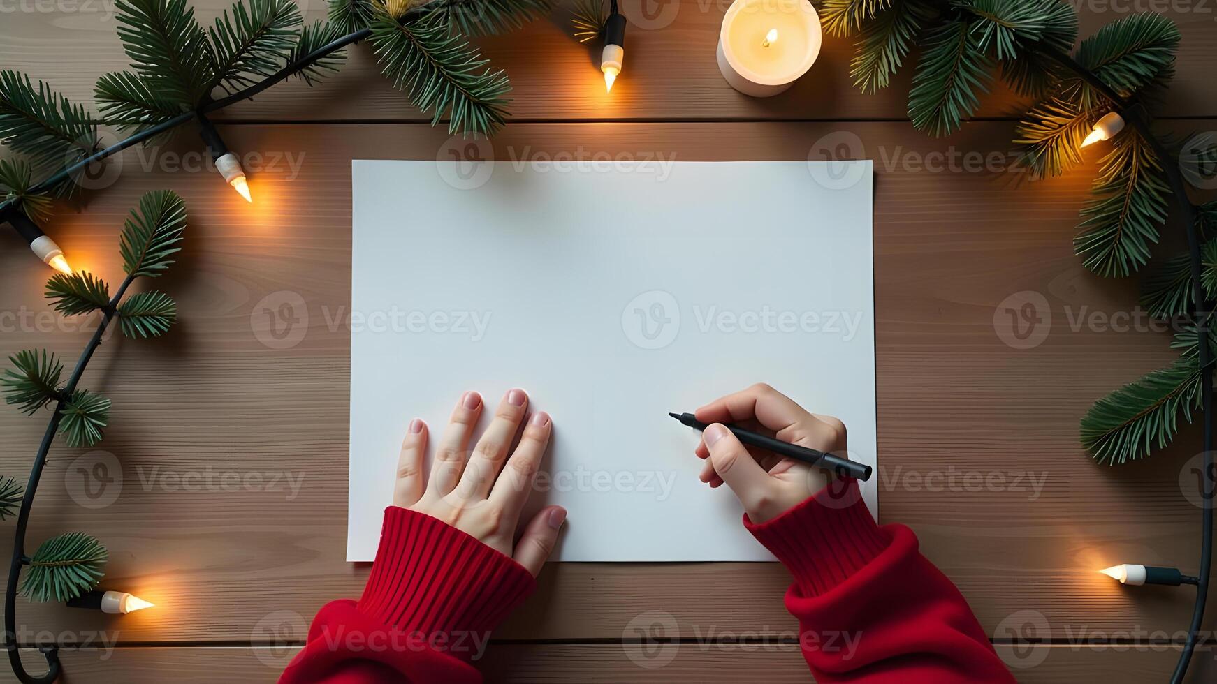 Writing a holiday letter on white paper surrounded by Christmas decor photo