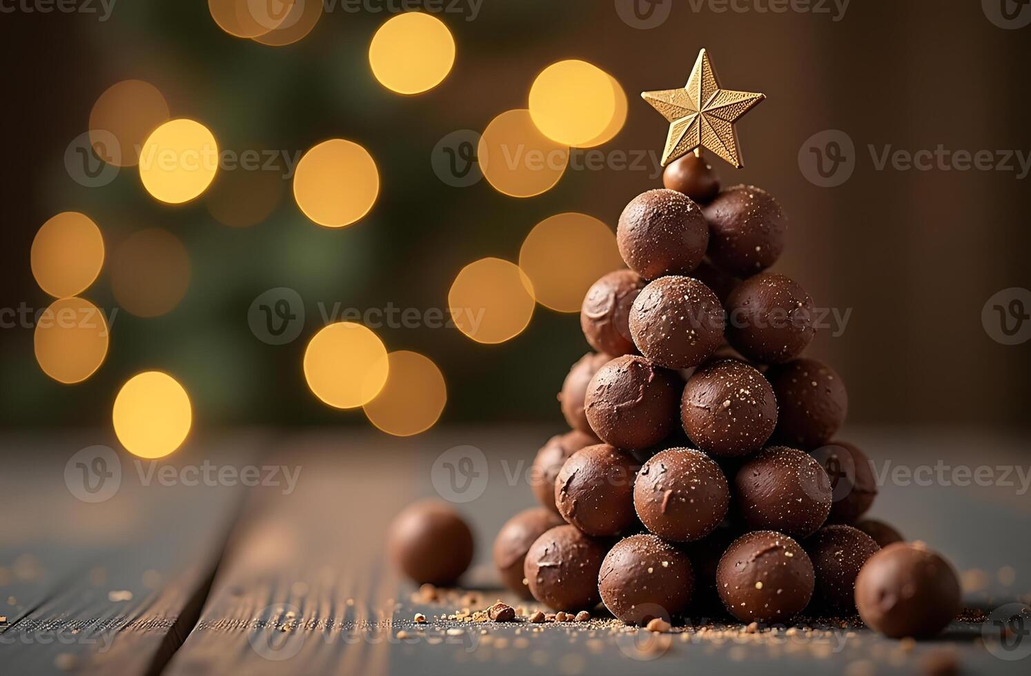 Vegan Christmas tree made of raw chocolate truffles with a star topper photo