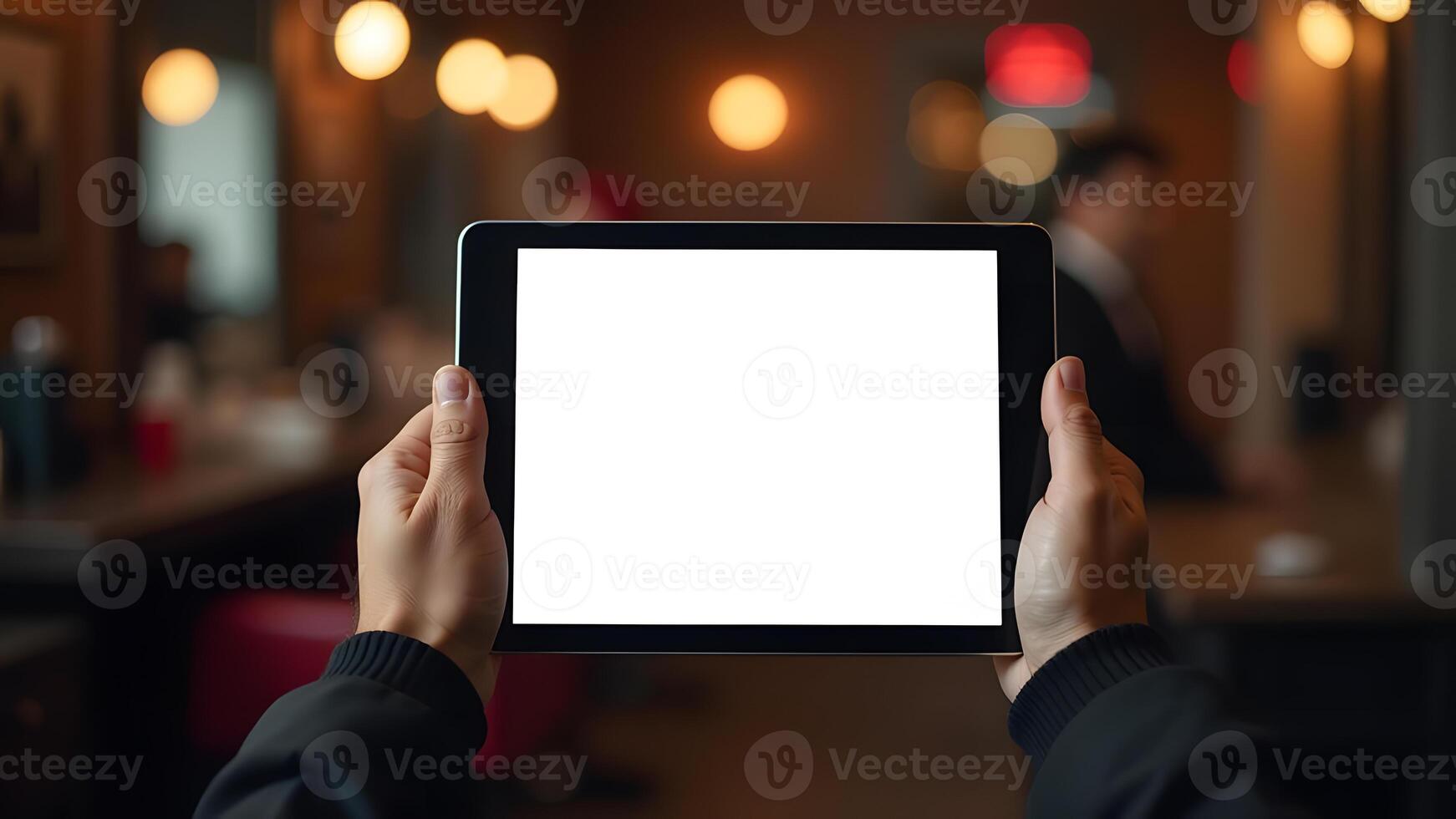 Hands holding tablet with blank screen in cozy Christmas-themed environment photo