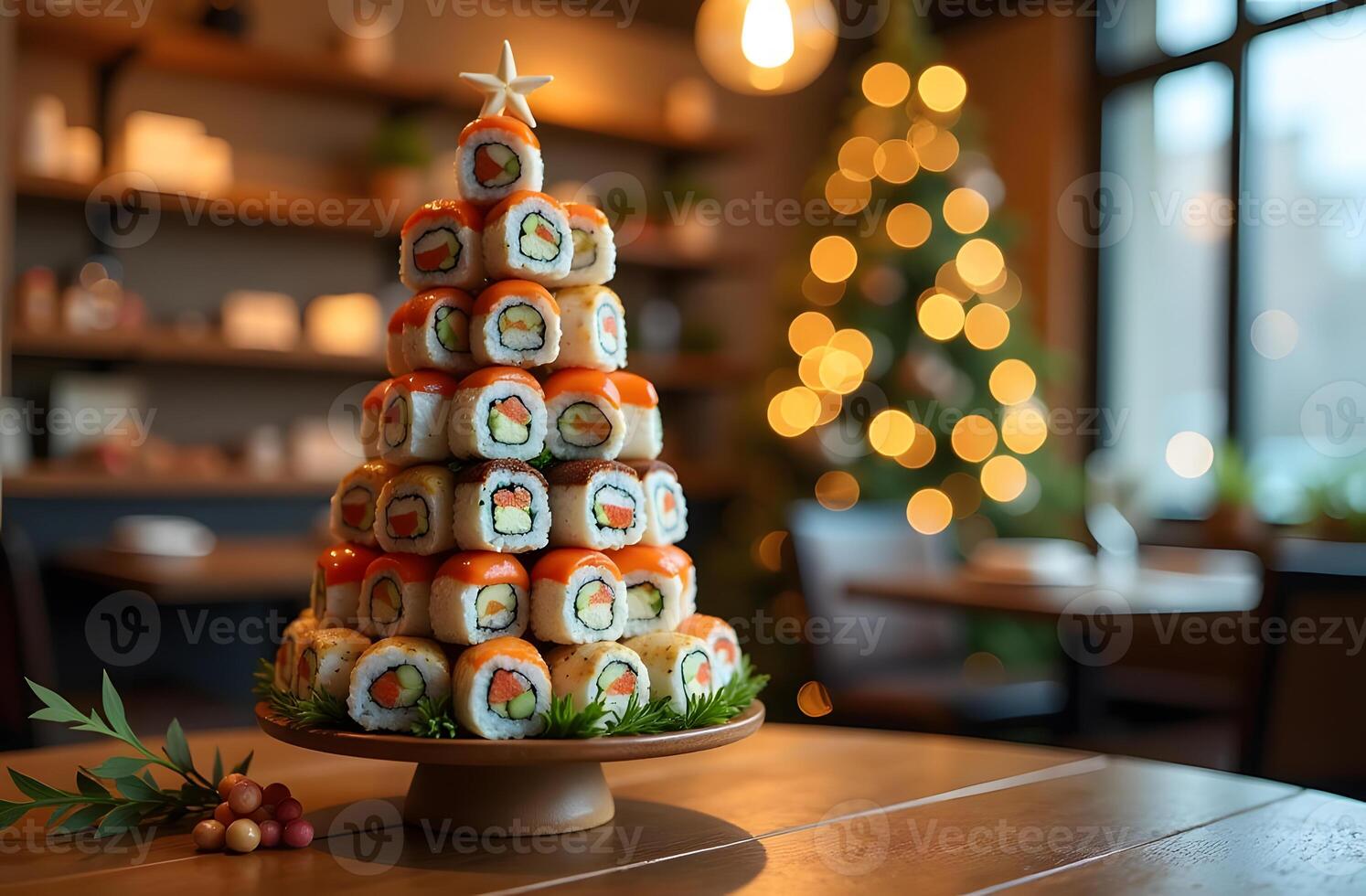Sushi Christmas tree made of assorted rolls with a star topper in a cozy restaurant photo