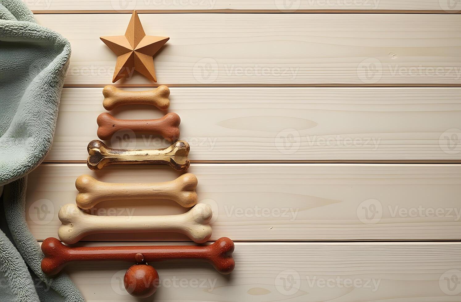 Christmas tree made of dog bones with ornaments and a star on a wooden background photo