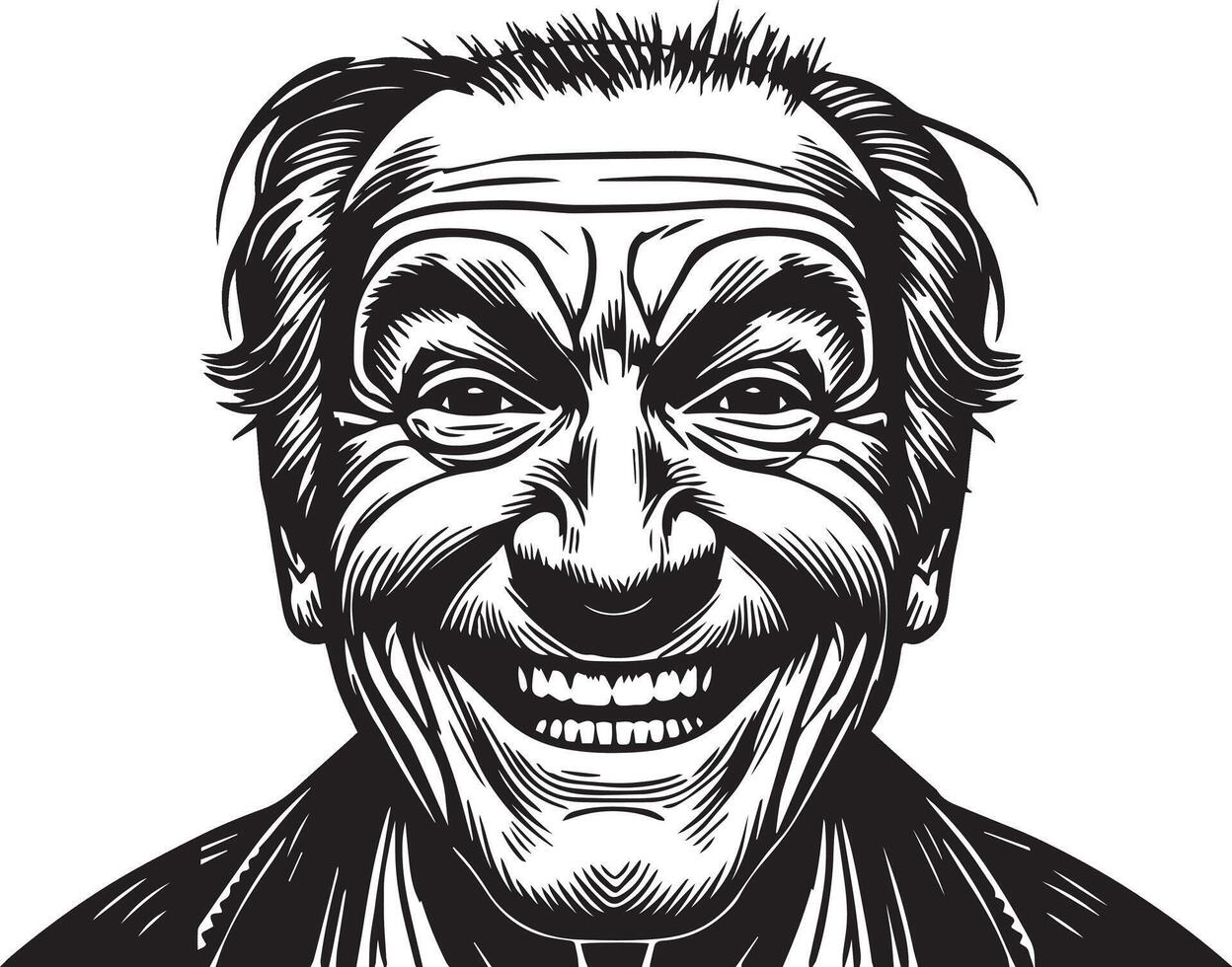 A black and white drawing of a man laughing vector