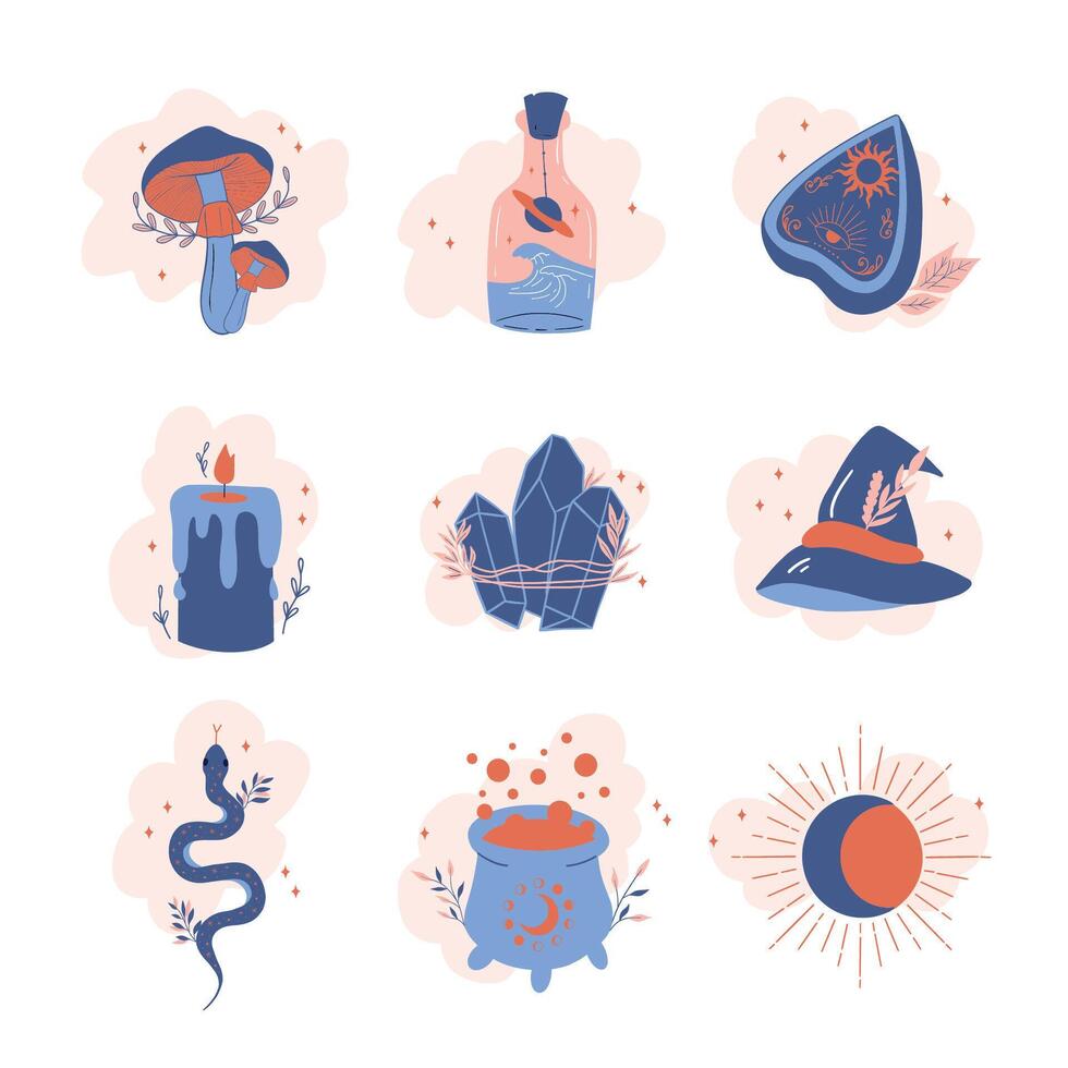 Witchcraft elements stickers collection. Magic cauldron, witch hat, candle, ouija board, snake, crystal, potion. Spooky halloween. Hand drawn illustration vector