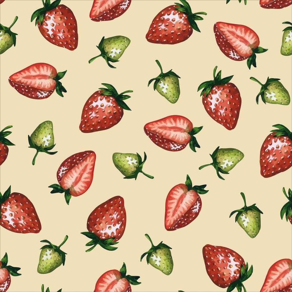 Seamless pattern with strawberries and green leaves isolated on white background, hand drawn watercolor illustration. Ideal for background, fabric and textile, postcard, packaging. vector