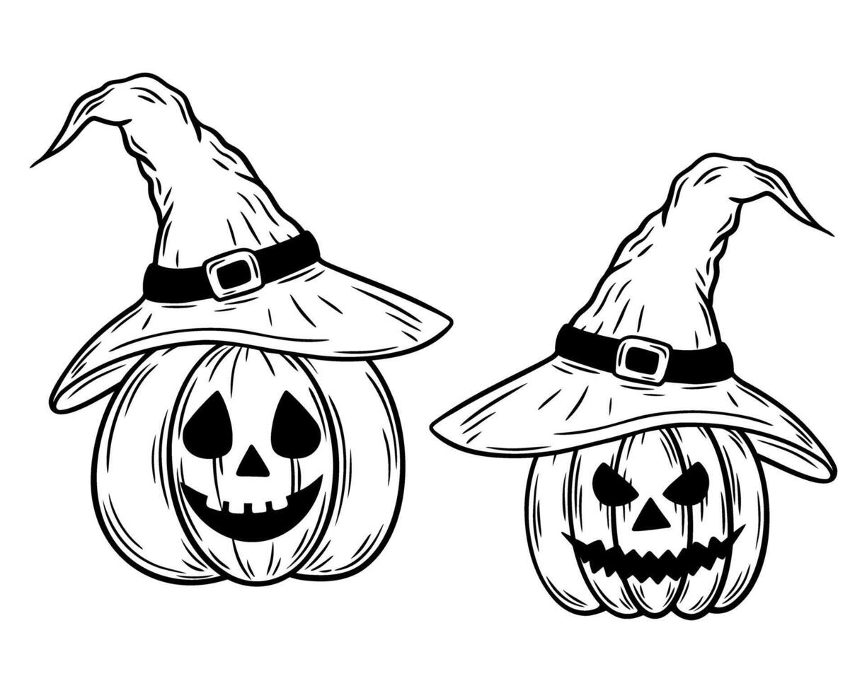 Spooky Halloween pumpkins in a witch hat, line art illustrations set. Laughing Jack o lantern monochrome drawing. Hand drawn outline sketch, engraved illustration. For coloring, invitation, decoration vector