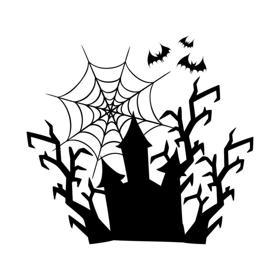 Halloween silhouette illustration with haunted house, spooky trees and spider web. Abandoned mansion graphic monochrome drawing. Hand drawn outline sketch. For Halloween party invitation, decoration. vector