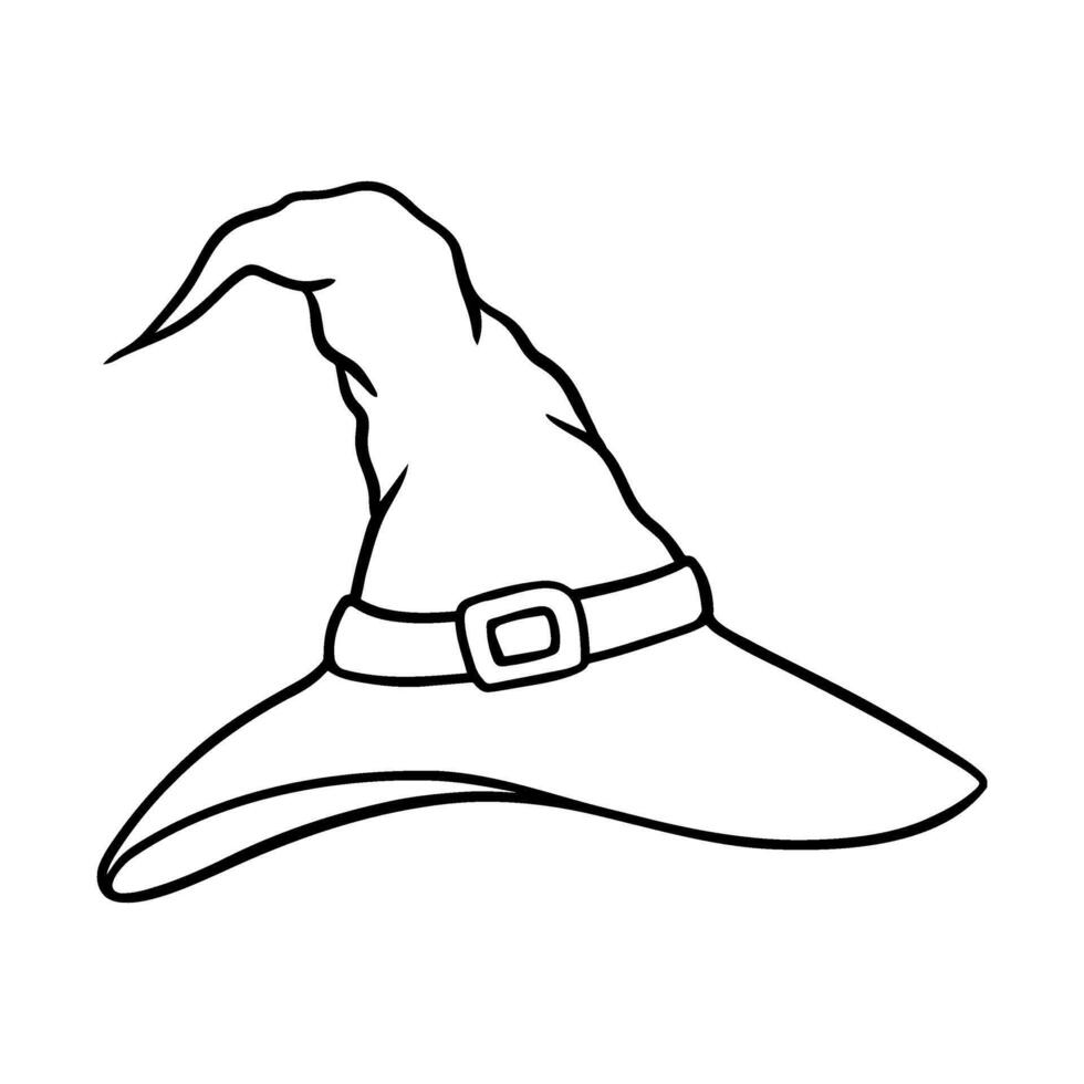 Halloween witch hat illustration, line art style. Graphic monochrome drawing. Hand drawn outline sketch, engraved illustration. Design element for coloring book page, invitation, decoration. vector