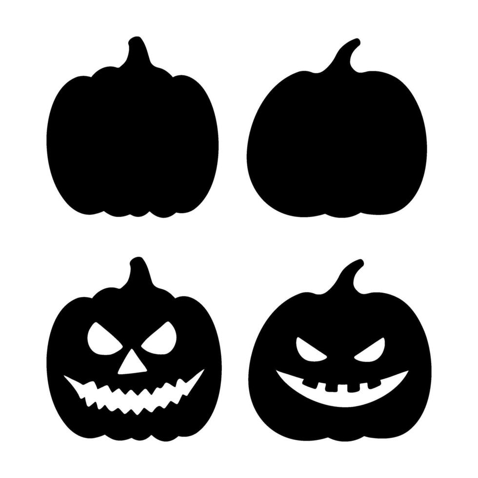 Spooky Halloween pumpkin silhouette illustrations set. Laughing Jack o lantern graphic monochrome drawings. Hand drawn outline sketch, engraved illustration. For party invitation, decoration, banner vector