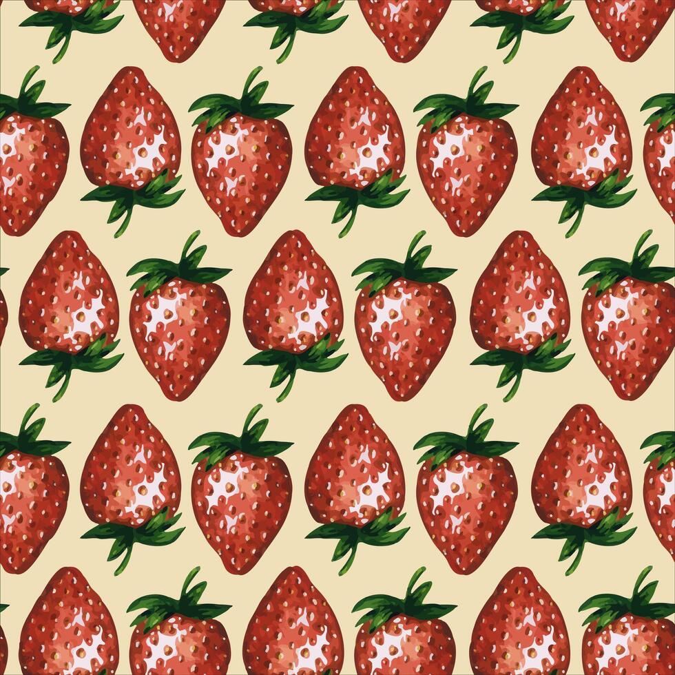 Seamless pattern with juicy strawberries isolated on white background, hand drawn watercolor illustration. For background, fabric and textile, postcard, packaging. vector