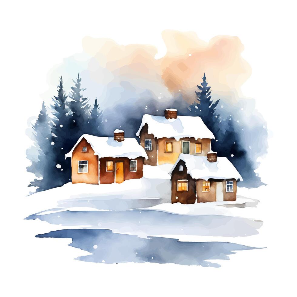 A serene watercolor illustration of a cozy winter landscape at sunset, featuring snow-covered houses with warm glowing windows, frosted trees, and a soft sky blending pink, orange, and purple hues. vector