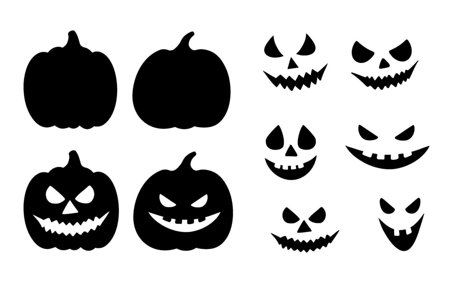 Spooky Halloween pumpkin and pumpkin faces silhouette illustrations. Laughing Jack o lantern graphic monochrome drawing. Hand drawn outline sketch, engraved illustration. For party invitation, decor. vector