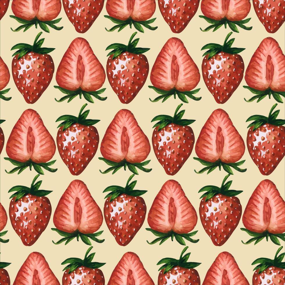 Seamless pattern with fresh and juicy strawberries and strawberry halves isolated on white background, hand drawn watercolor illustration. For background, fabric and textile, postcard, packaging. vector