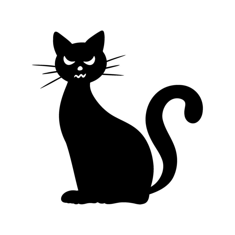 Spooky Halloween black cat silhouette illustration. Graphic monochrome drawing. Hand drawn witch cat outline illustration. For invitation, decoration, banner, poster, print. vector