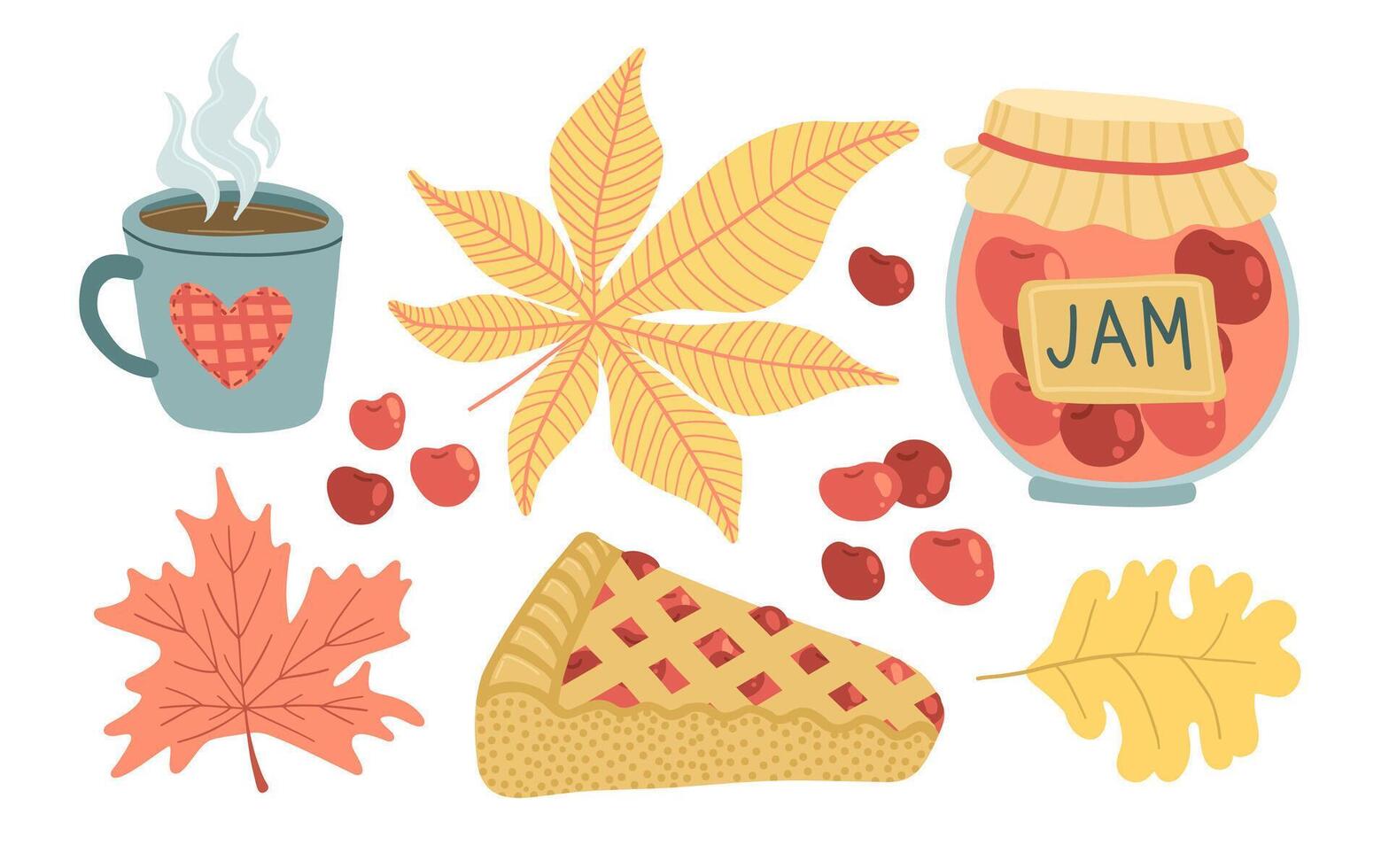 Cozy fall-themed design with pie, jam, coffee, and leaves, ideal for seasonal blogs, Thanksgiving recipes, home decor, and DIY project ideas vector