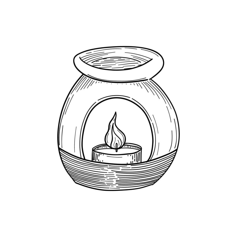 Hand-drawn aromatherapy lamp candle holder in black and white, a great fit for spa websites, relaxation, meditation visuals, and wellness-themed content vector