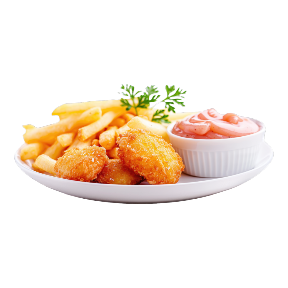 A plate with fries and chicken nuggets png