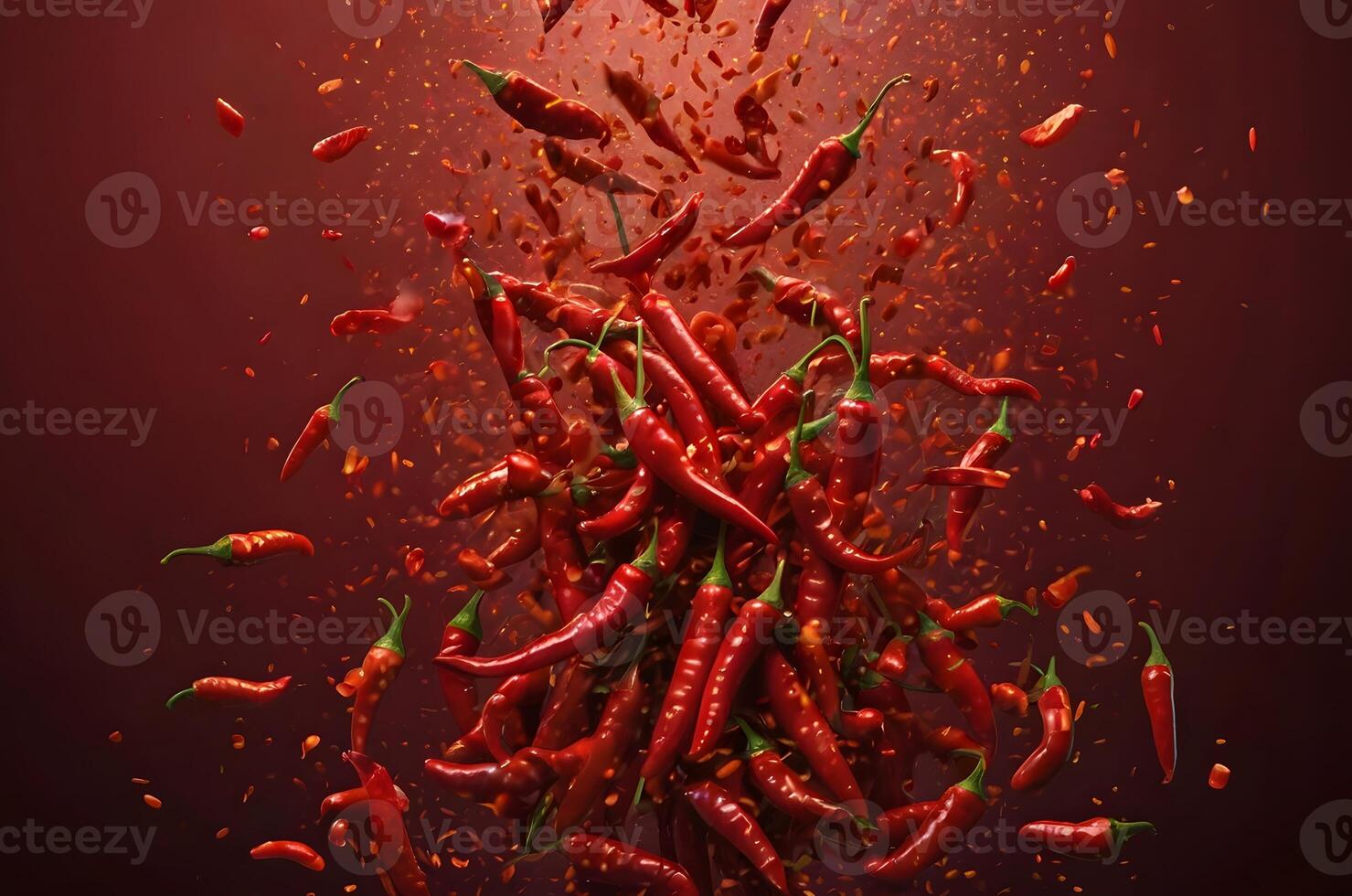 Red chilies in the air with a red background. Red chili banner for hot spicy products. photo