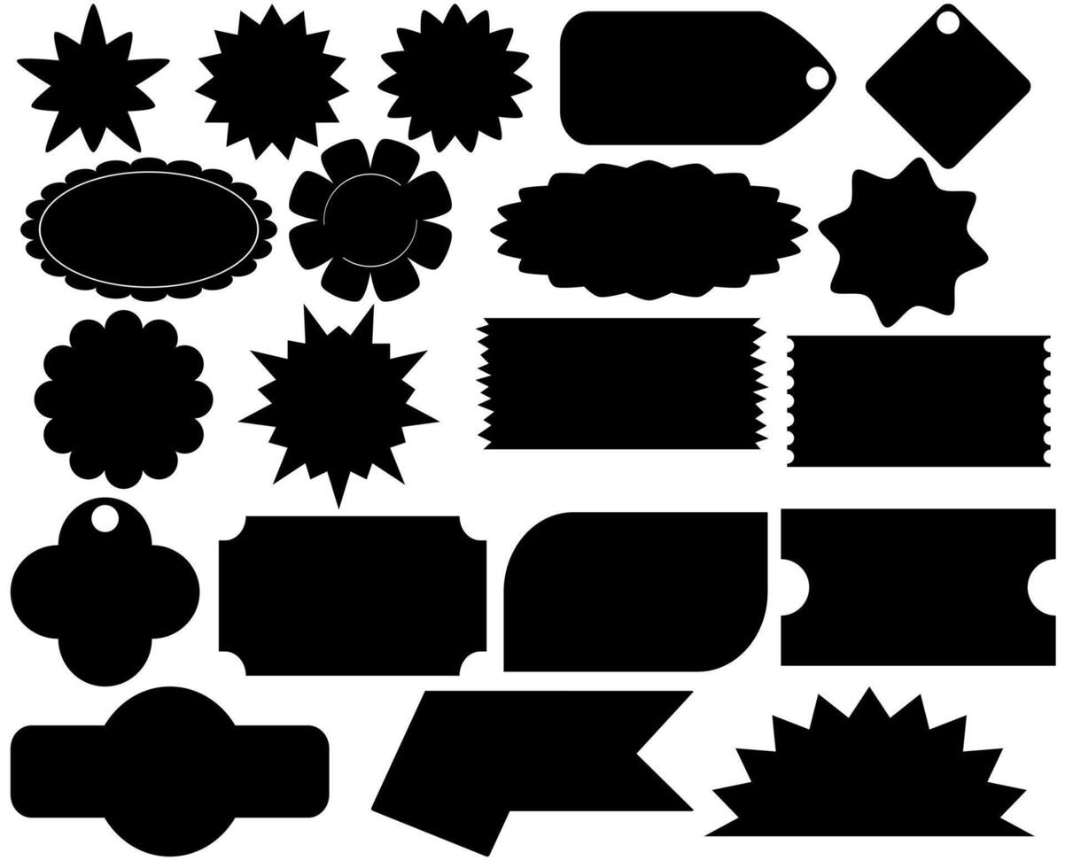 A graphic featuring a diverse set of black shapes, such as stars, tags, and abstract forms. These silhouettes could be employed as design elements or as frames for text. vector