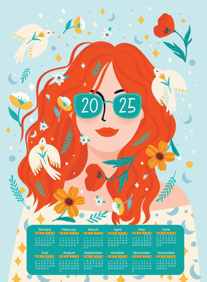 2025 calendar with portrait of girl with birds and flowers. Artistic illustration in. design template vector