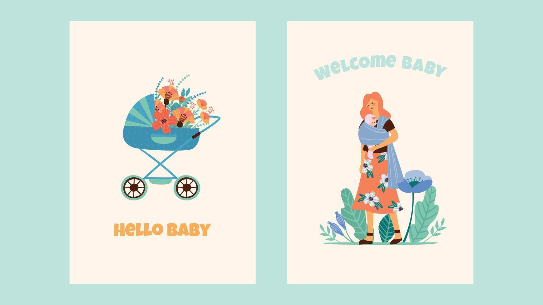 Baby birthday cards. Cute illustrations with mom and baby carriage. design templates vector
