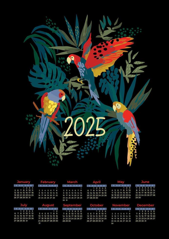 2025 calendar with parrots in the jungle. Artistic illustration in. design template vector