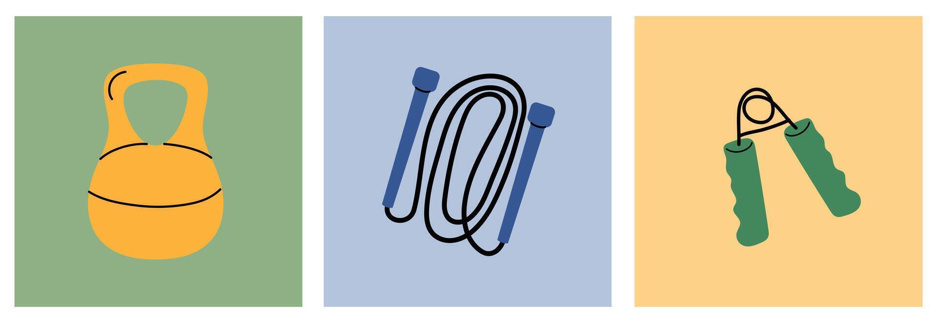 A kettlebell, jump rope, and hand grippers are shown on a colorful background vector