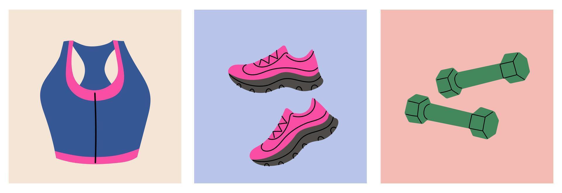 Fitness gear including a sports bra, running shoes, and dumbbells for enthusiasts vector