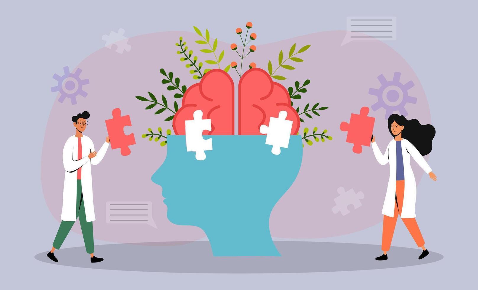 Doctors collaborating to solve mental health puzzles with a creative brain illustration in an office vector