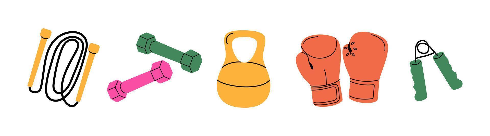 Fitness gear. jump ropes, dumbbells, kettlebells, and boxing gloves neatly arranged vector