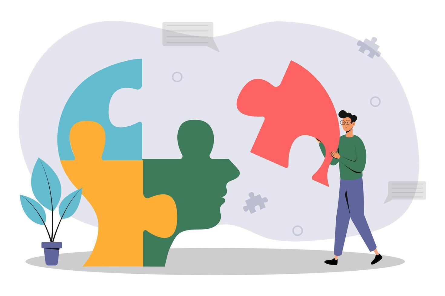 A person assembling puzzle pieces representing mental health in a creative workspace vector