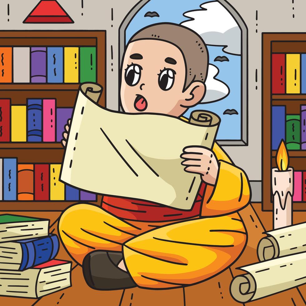 Buddhism Female Monk Reading Scriptures Colored vector