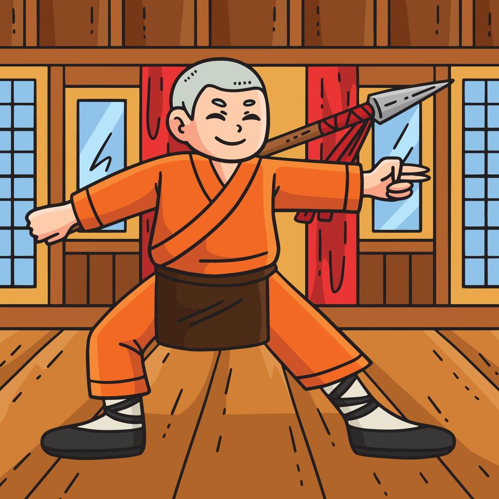 Buddhism Buddhist Shaolin Monk with Spear Colored vector